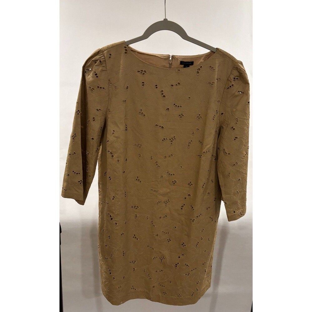 Ann Taylor 12Petite eyelet boatneck shift dress tan 3/4 sleeve knee length